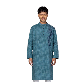 Teal Check and Embroidered Cotton Panjabi