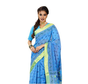 Blue color Printed & Embroidered Cotton Silk Sharee For Women