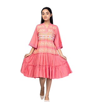 Girls Kids - Coral Printed and Embroidered Linen Frock