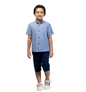 Toddler Boy -   Blue Textured Cotton Shirt Pant Set