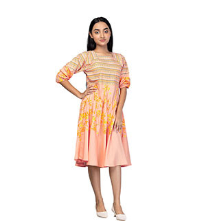 Girls Kids -  Light Peach Printed Linen Frock