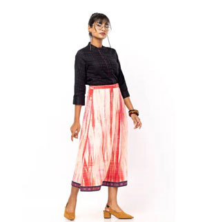 Peach Printed and Tie-Dyed Cotton Taaga Skirt