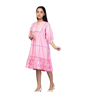 Girls Kids - Pink Printed Mixed Cotton Frock