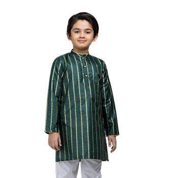 Kids Panjabi  -  Green Handloom Printed Silk Panjabi