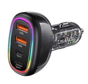 USAMS US-CC169 C34 PD30W+QC3.0 120W 4-port Transparent Car Fast Charger with Colorful Lights