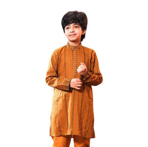 Kids Panjabi - Brown color printed cotton boys Panjabi