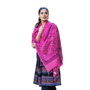 Women Shawl -  Magenta color printed & embroidered linen cotton ladies Shawl