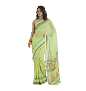 Lemon printed & Embroidered cotton sharee