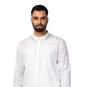 White Printed and Embroidered Addi Cotton Panjabi