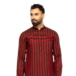 Panjabi - Red Striped and Embroidered Viscose-Cotton Slim Fit Panjabi
