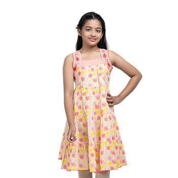 Kids Frocks  - Peach Printed and Embroidered Voile Frock