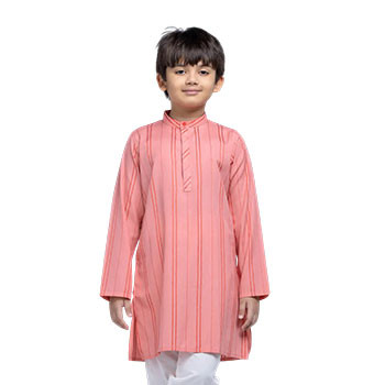 Kids Panjabi  - Salmon Pink Striped Handloom Cotton Panjabi
