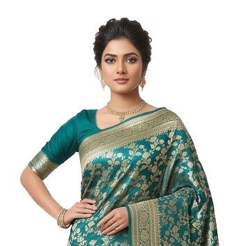 Opulent Teal Banarasi Silk Sharee with Gold Zari Floral Jaal