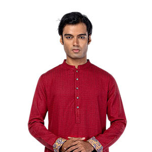 Panjabi - Red Handloom Embroidered Cotton Panjabi