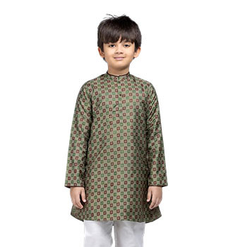 Kids Panjabi  -   Sage Green Handloom and Printed Endi silk Panjabi