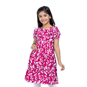 Kids Frocks - White/Fuchsia Printed and Embroidered Linen Frock