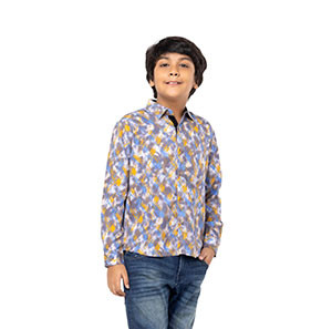 Boy Kids - Grey/Blue Printed Linen Shirt