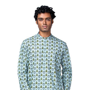 Panjabi -  Light Sky Blue Printed Viscose-Cotton Panjabi