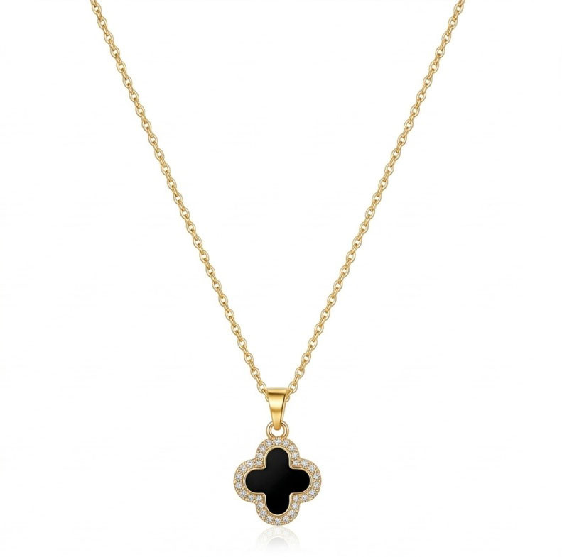 Luxurious Gold Clover Pendant Necklace with Onyx Black Inlay