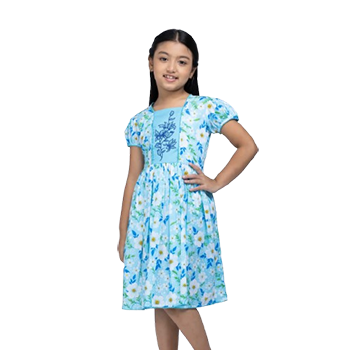 Baby Girls - Sky Blue Printed and Embroidered Cotton Frock