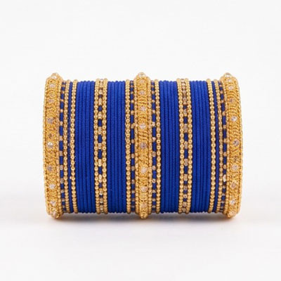 Royal Sapphire Silk Thread & Intricate Gold Bangle Set