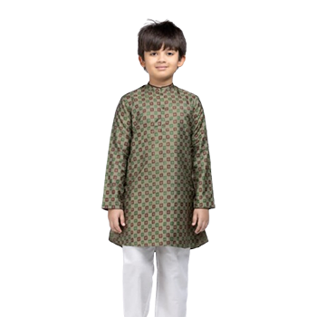 Kids Panjabi  - Sage Green Handloom and Printed Endi silk Panjabi