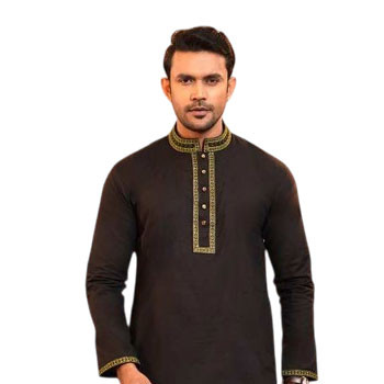 Black color cotton printed & embroidered regular fit ekchat Panjabi