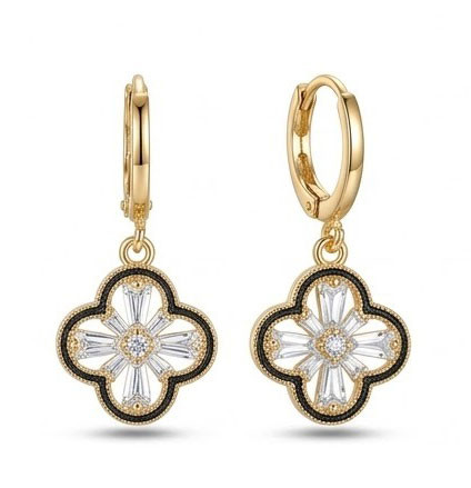 Luxurious Gold Clover Dangle Huggie Hoop Earrings with Baguette Crystals