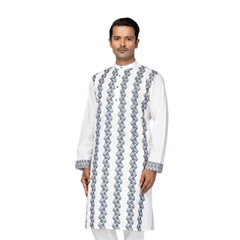 White Printed and Embroidered Cotton Panjabi