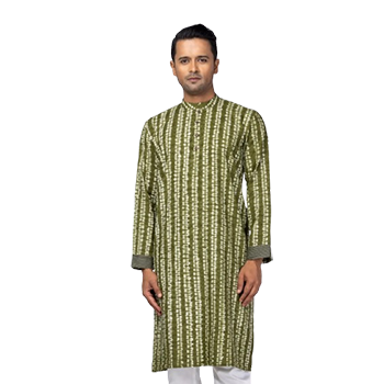 White/Sage Green Tie-Dyed and Printed Cotton Panjabi