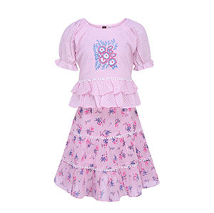Toddler girl - Pink Printed and Embroidered Voile Skirt Top Set