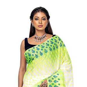 Sharee -White/Green Printed and Brush Painted Cotton Sharee