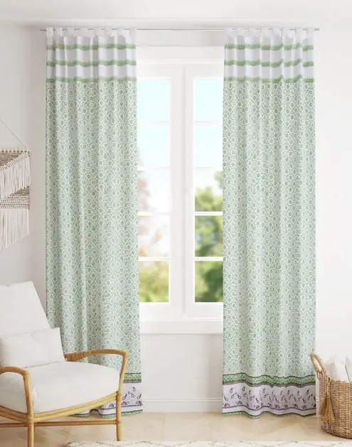 Household - Living Room -  Green Printed Cotton Tab Top Curtain