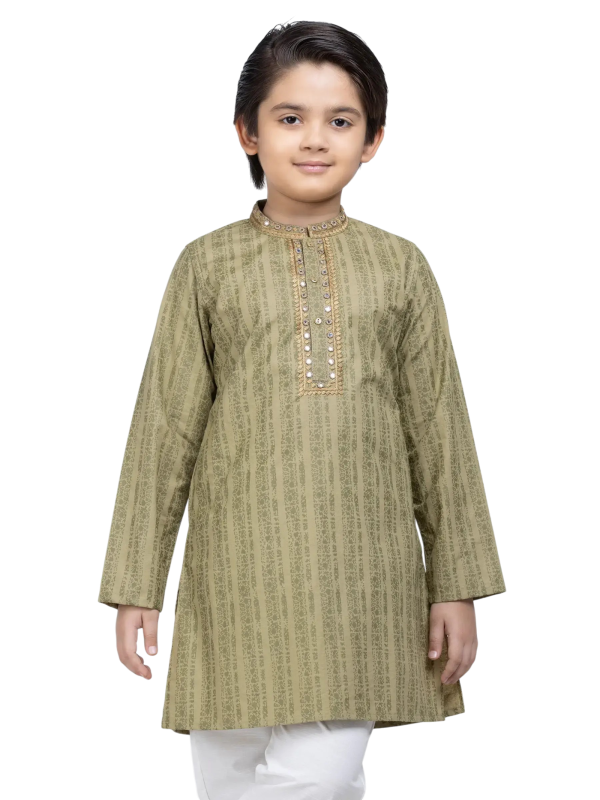 Kids Panjabi  -  Moss Green Printed and Embroidered Cotton Panjabi