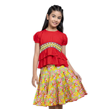 Shalwar Kameez  -  Red Embroidered Linen Skirt Top Set